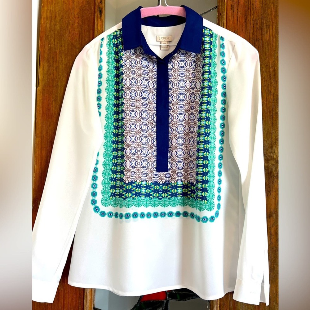JCrew Scarf Print White Print White Popover Blouse